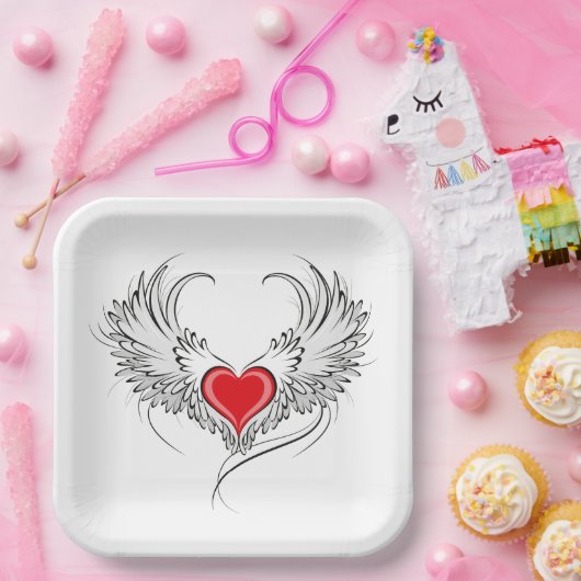 Rode engel hart met vleugels papieren bordje (Feest)