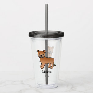 Rode Engelse Staffie Schattige Cartoon Hond & Naam Acryl Drinkbeker