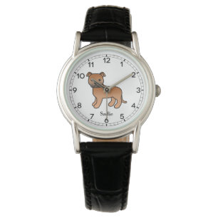 Rode Engelse Staffie Schattige Cartoon Hond & Naam Horloge