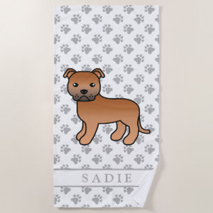 Rode Engelse Staffie Schattige Cartoon Hond & Naam Strandlaken