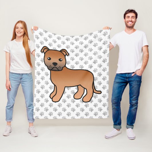 Rode Engelse Staffie Schattige Cartoon Hond & Poot Fleece Deken (In situ)