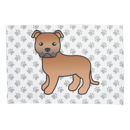 Rode Engelse Staffie Schattige Cartoon Hond & Poot Kussensloop (Voorkant)