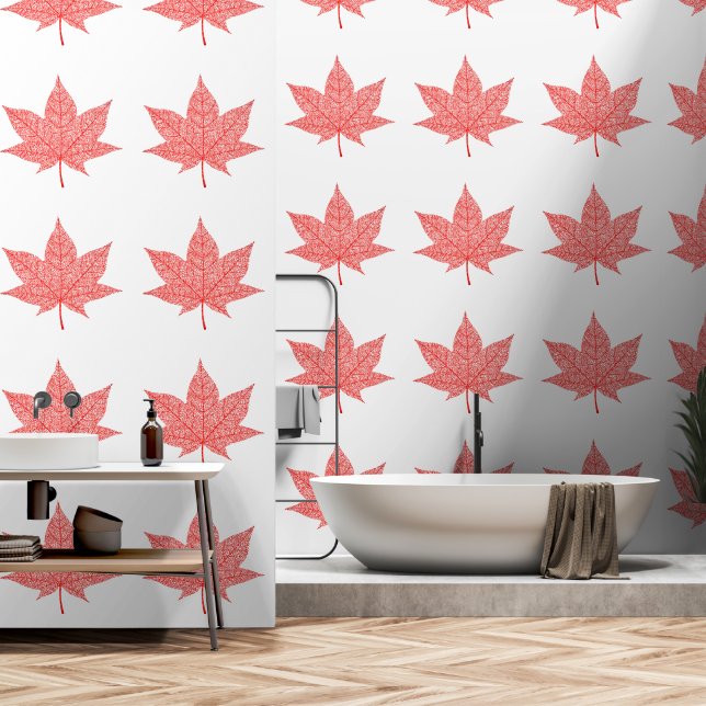 Rode esdoorn blad aangepaste kleur wit behang (Badkamer)