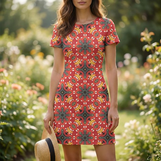 Rode etnische Boho Oriental Arabesque Mosaic Patro Stof