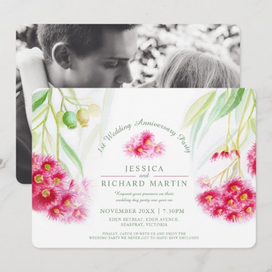 Rode eucalyptus gumnut waterverf 1e bruiloft kaart (Voorkant / Achterkant)