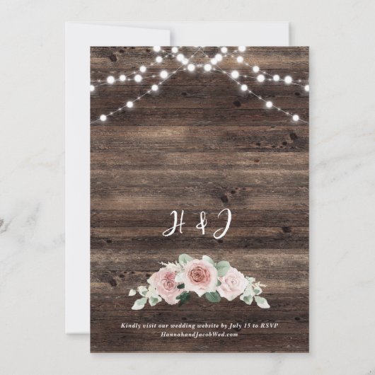 Rode Eucalyptus Houten Slingerlichten Bruiloft Kaart (Achterkant)