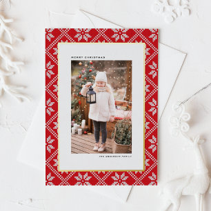 Rode Fair Isle Breipat Foto Kerstmis Folie Feestdagen Briefkaart