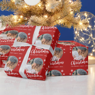 Rode familie Foto Snowflake Merry Kerstry Cadeaupapier
