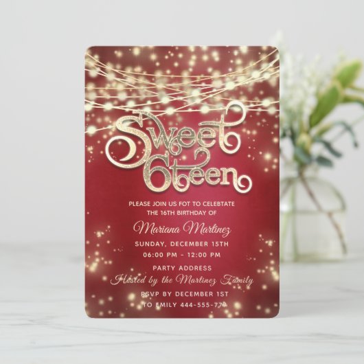 Rode fancy elegant String licht gouden vonk op Kaart (Staand voorkant)