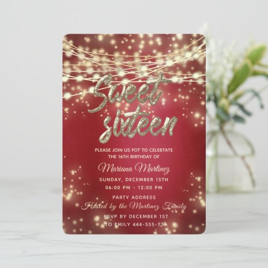 Rode fancy elegant String licht gouden vonk op Kaart (Staand voorkant)