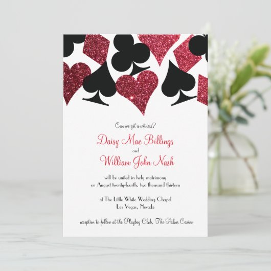 Rode Faux Glitter Las Vegas bruiloft uitnodiging (Staand voorkant)