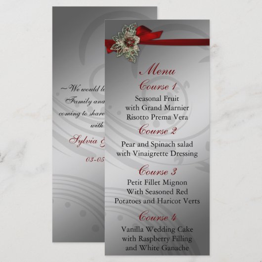 Rode FAUX ribbon  broch Wedding Menu (Voorkant / Achterkant)