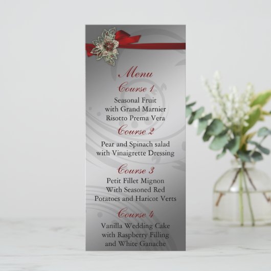Rode FAUX ribbon  broch Wedding Menu (Staand voorkant)