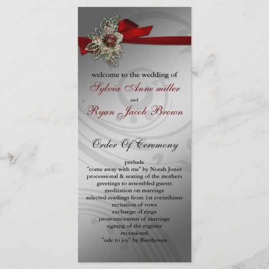 Rode FAUX ribbon  broch Wedding Programmakaart (Voorkant)