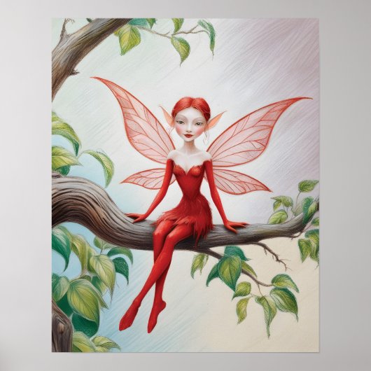 Rode fee op een ledemaat gekleurde potlood schets poster (Voorkant)