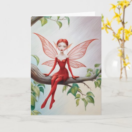 Rode fee op een tak "Gefeliciteerd!" Kaart (Gele Bloem)