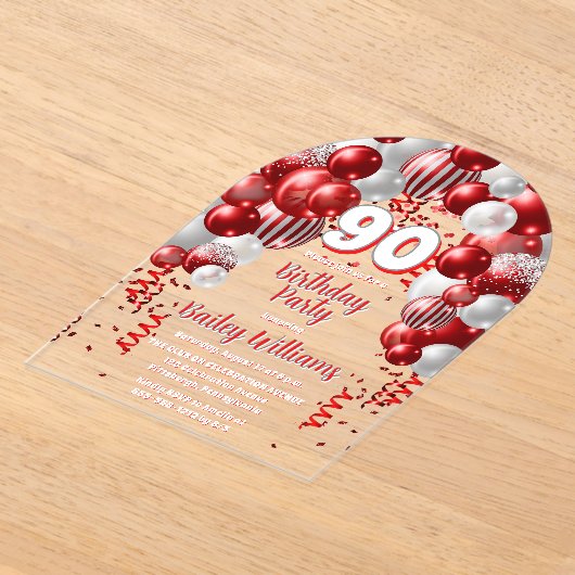 Rode feestballonnen 90ste verjaardagsfeest acryl uitnodigingen (Laagn)