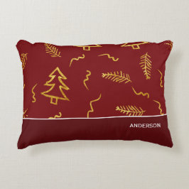 Rode feestdag met gouden kerstbomen accent kussen