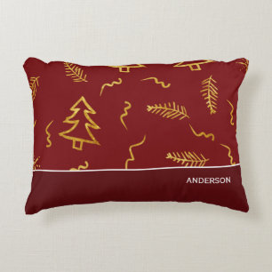 Rode feestdag met gouden kerstbomen accent kussen