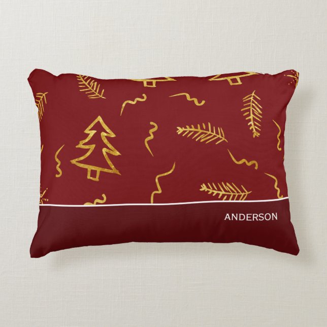 Rode feestdag met gouden kerstbomen accent kussen (Voorkant)