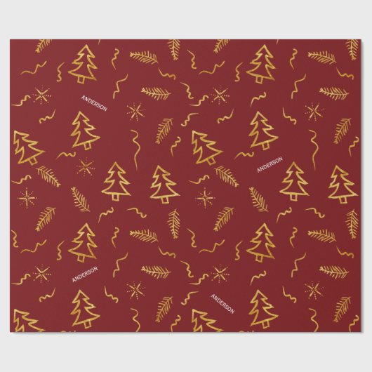 Rode feestdag met gouden kerstbomen cadeaupapier (Vlak)