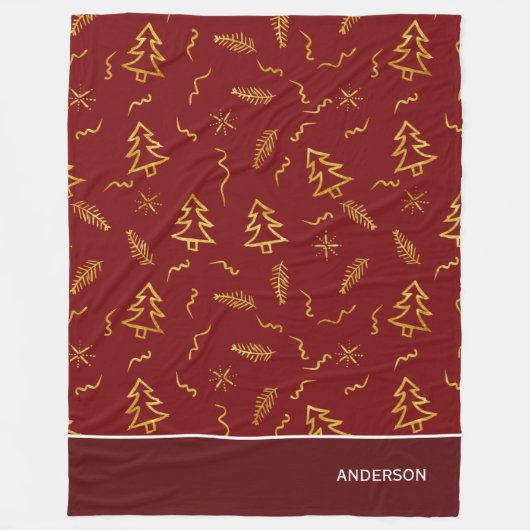 Rode feestdag met gouden kerstbomen fleece deken (Voorkant)