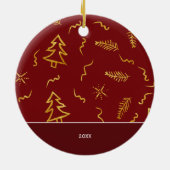 Rode feestdag met gouden kerstbomen keramisch ornament (Achterkant)