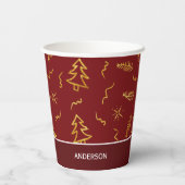 Rode feestdag met gouden kerstbomen papieren bekers (Achterkant)