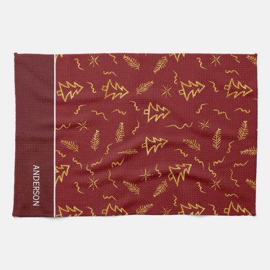 Rode feestdag met gouden kerstbomen theedoek (Horizontaal)