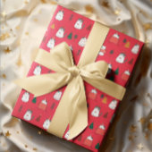 Rode Feestelijke Katten & Kerstbomen Inpakpapier