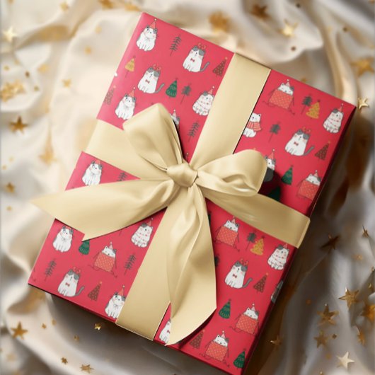 Rode Feestelijke Katten & Kerstbomen Inpakpapier