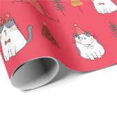 Rode Feestelijke Katten & Kerstbomen Inpakpapier (Rol Hoek)
