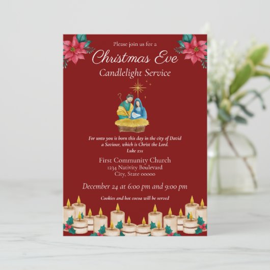 Rode Feestelijke Kerstavond Kaarslicht Service Kaart (Staand voorkant)