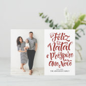 Rode Feliz Natal Kalligrafie Kerstfoto Feestdagenkaart (Staand voorkant)