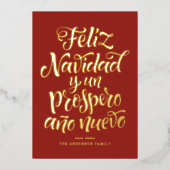 Rode Feliz Navidad Kalligrafie Kerstmis Folie Feestdagenkaart (Voorkant)