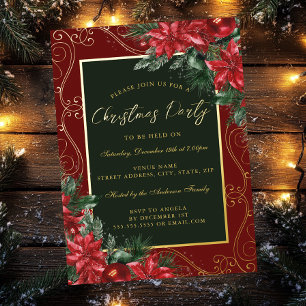 Rode Festieve Bloemstuk Groene Frame Kerstfeest Folie Uitnodiging
