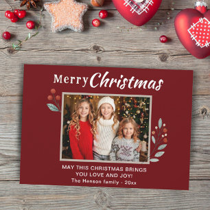 Rode Festive Prettig Kerstmis Familie Foto   Feestdagenkaart