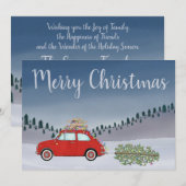 Rode Fiat 500 met kerstboom Vrolijk kerstfeest Feestdagenkaart (Voorkant / Achterkant)