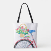 Rode fiets met bloemen mand tote bag (Achterkant)