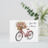 Rode fiets met bloemenmand antiek briefkaart (Staand voorkant)