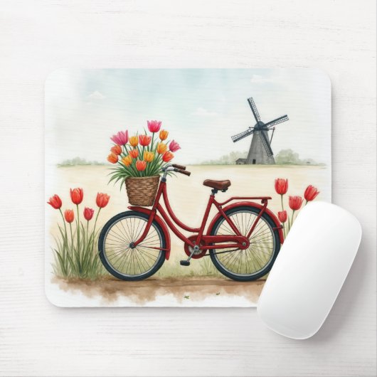 Rode fiets met Nederlandse tulpen Muismat (Met muis)