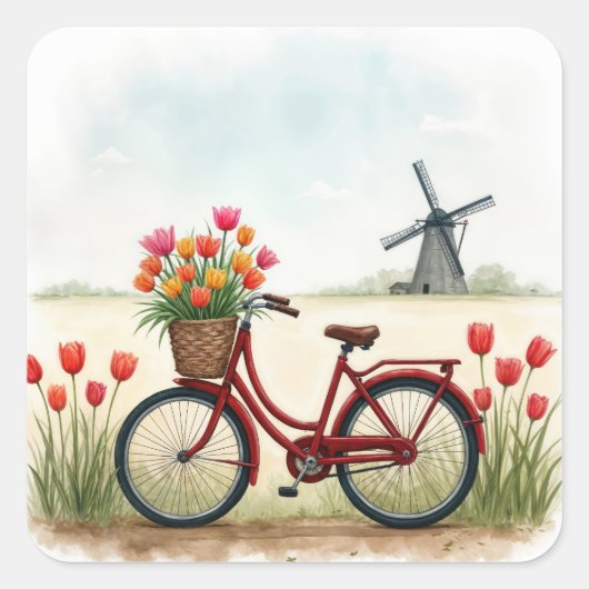 Rode fiets met Nederlandse tulpen Vierkante Sticker (Voorkant)