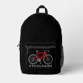 Rode fiets met tekst van de cycoloog bedrukte rugzak (Voorkant)