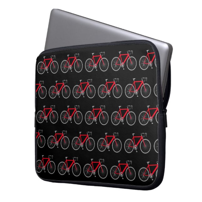Rode fiets op zwart laptop sleeve (Voorkant Links)