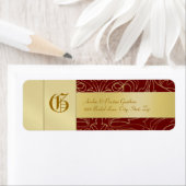 Rode filigraan gouden monogram bruiloft adres labe etiket (Insitu)