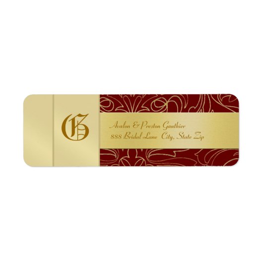Rode filigraan gouden monogram bruiloft adres labe etiket (Voorkant)