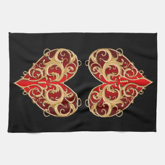 Rode filigraan hart keukenhanddoek (Horizontaal)