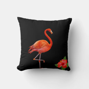 Rode Flamingo en Hibiscus op Zwarte Sierkussen