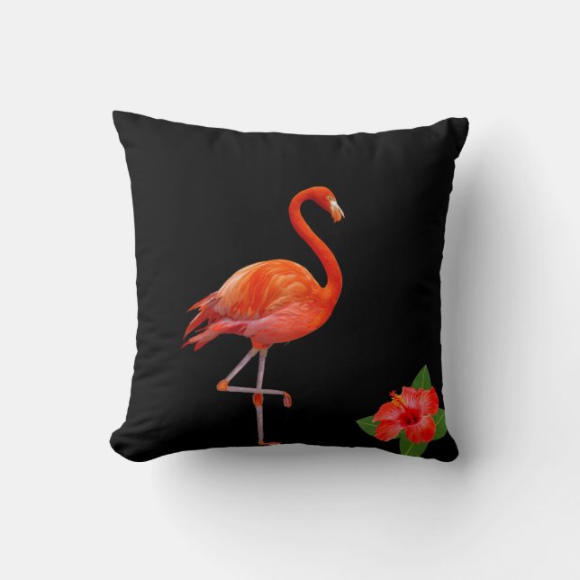 Rode Flamingo en Hibiscus op Zwarte Worp Kussen (Voorkant)