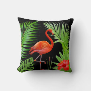 Rode Flamingo, Hibiscus & Palmbladeren op Zwart Kussen